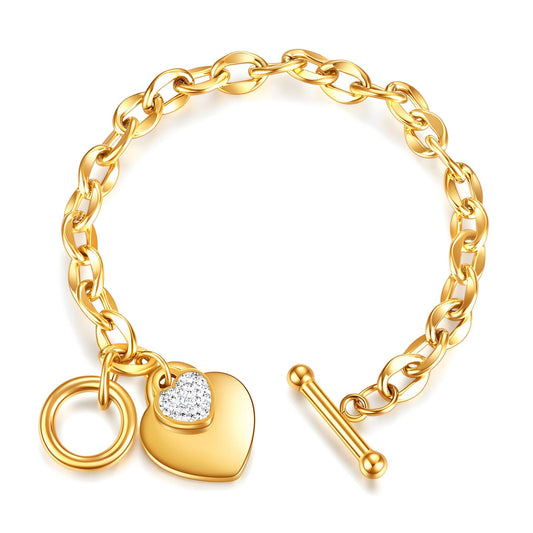 Позлатена гривна Tina с медальон-сърце и циркониии, 316L стомана, 18K PVD покритие | Anavel